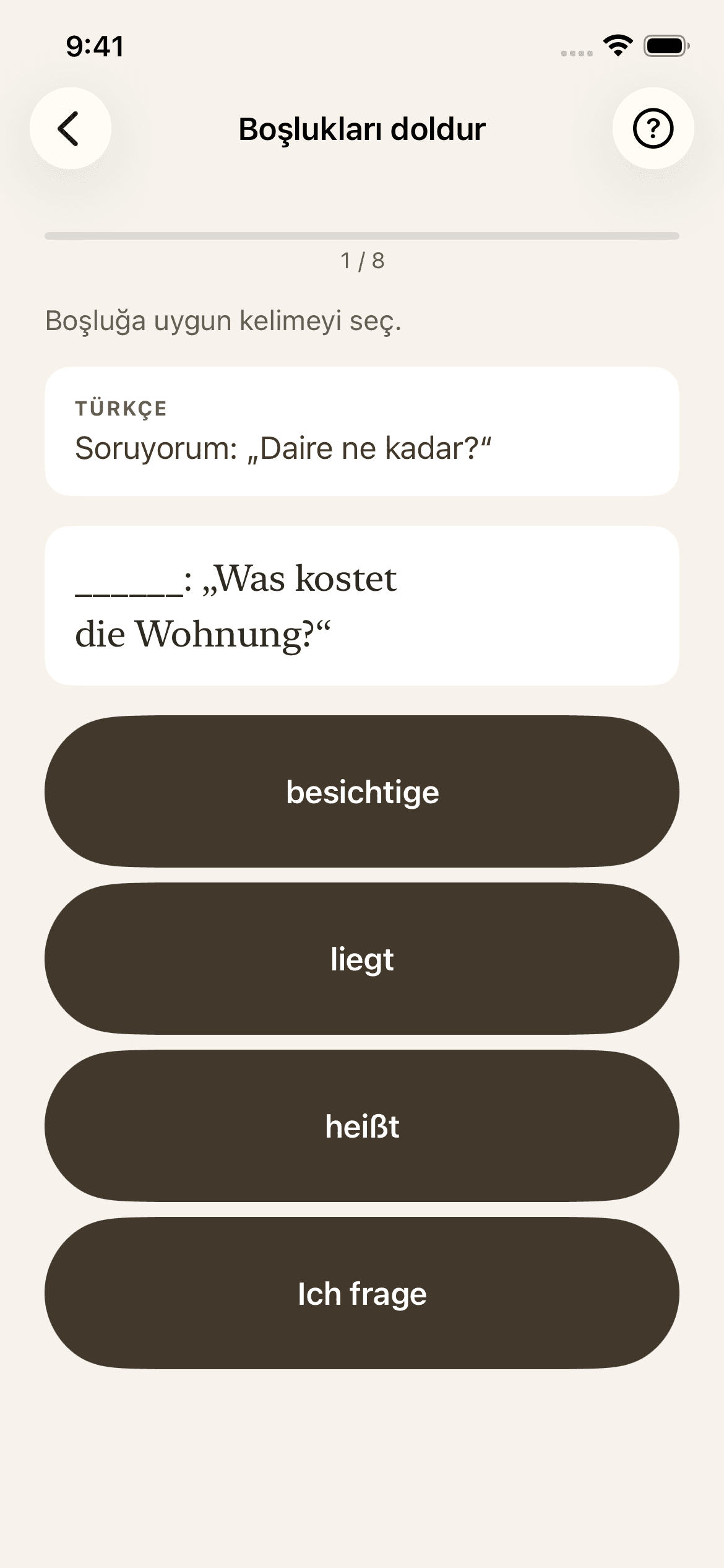 Almanca A1 fill-in-the-blank drill