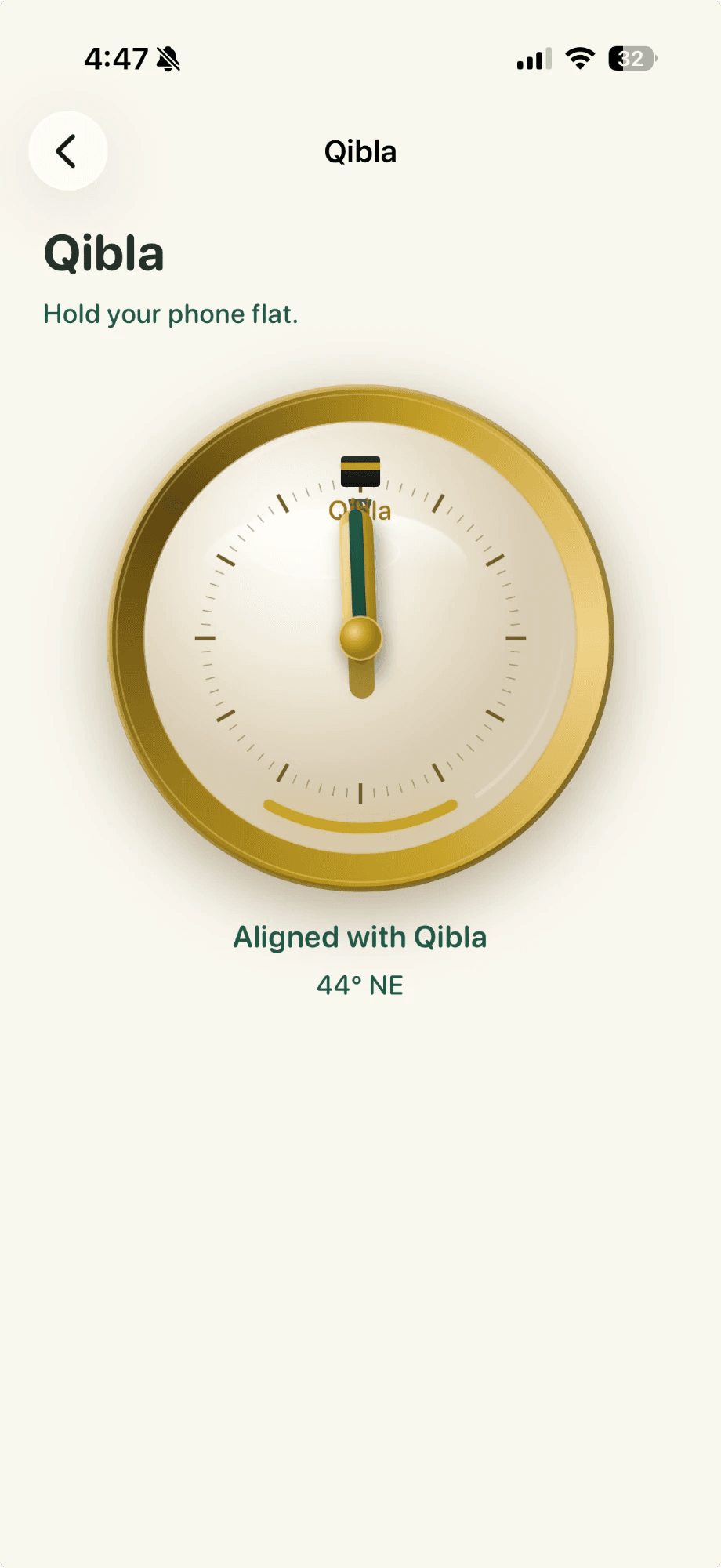 Waqfa Qibla compass aligned to Makkah at 44° NE